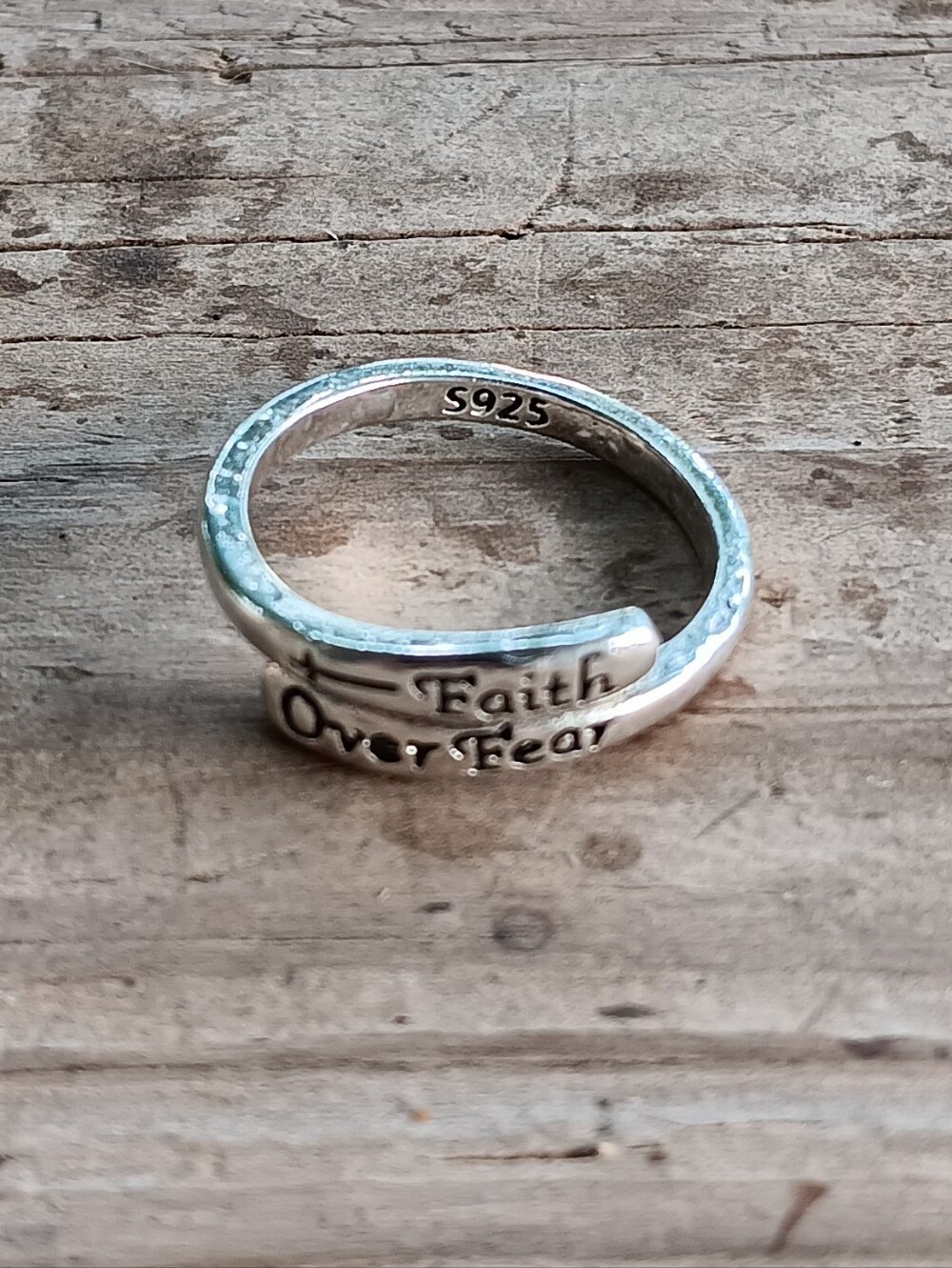 Sterling Silver 925 Adjustable Wrap Ring "Faith Over Fear" Size 8 - Picture 1 of 2